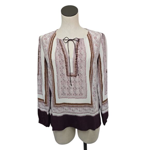 Ecru 100% Silk Cream Maroon Paisley Floral Long Sleeve Keyhole Blouse Size Small - Picture 1 of 10
